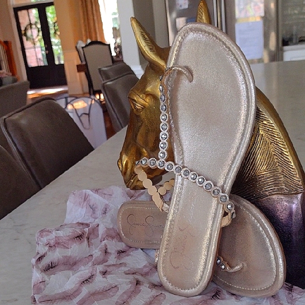 Cognac Gold Thong Rhinestone Sandals Designed by Jessica Simpson NWT